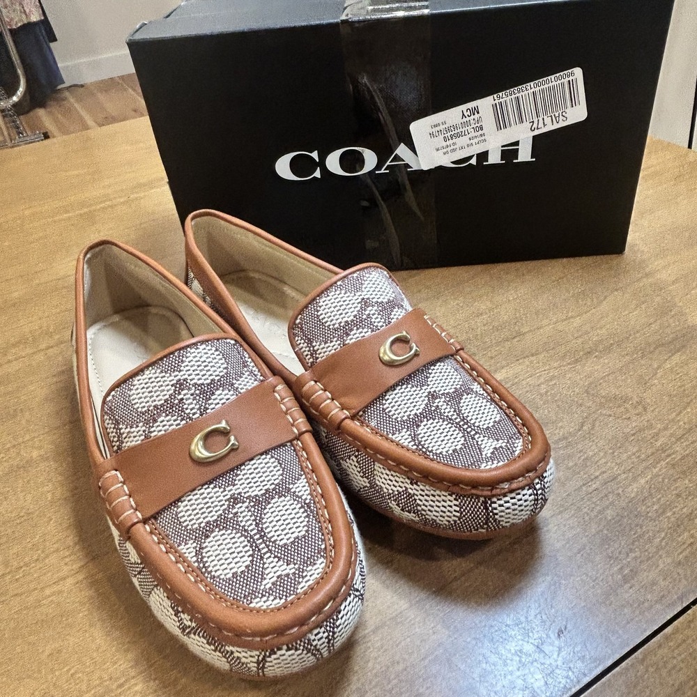 Coach SCLPT SIG TXT JQD DR Shoes Womens Size 7 Brown Logo Loafer Flats Jacquard - Picture 2 of 11